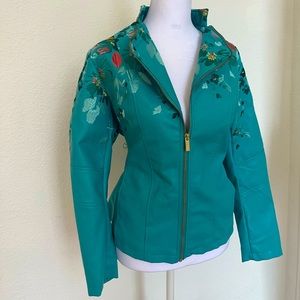Colleen Lopez Gorgeous Floral Embroidered Teal Blue Leather Jacket